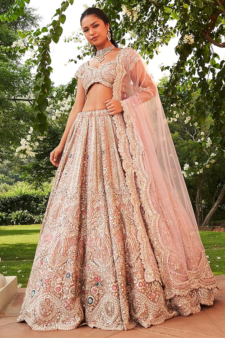 Soft Berry Pink Organza Embroidered Lehenga Set by OSAA By Adarsh
