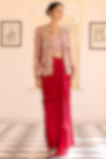 Cut Ruby Colored Mulberry Silk Embroidered Jacket Set by Osaa By Adarsh at Pernia's Pop Up Shop