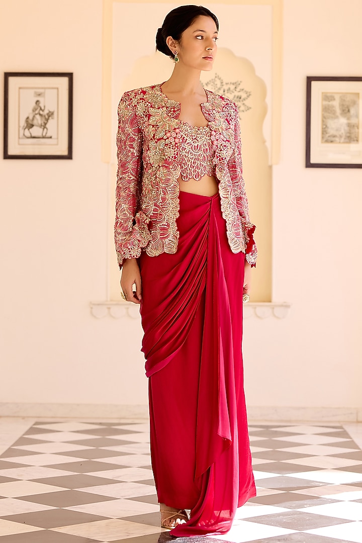 Cut Ruby Colored Mulberry Silk Embroidered Jacket Set by Osaa By Adarsh at Pernia's Pop Up Shop