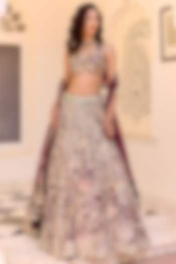 Dark Plum Mulberry Silk Applique Embroidered Bridal Lehenga Set by Osaa By Adarsh at Pernia's Pop Up Shop