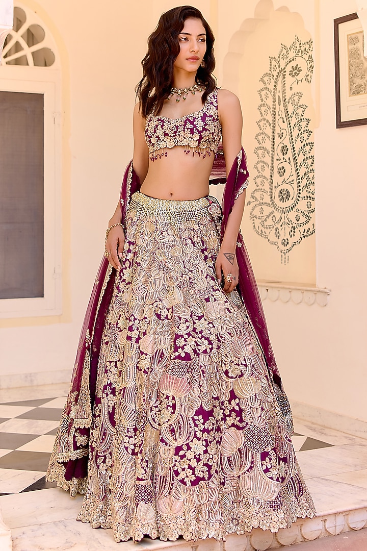 Dark Plum Mulberry Silk Applique Embroidered Bridal Lehenga Set by Osaa By Adarsh at Pernia's Pop Up Shop