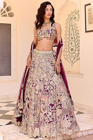 Dark Plum Mulberry Silk Applique Embroidered Lehenga Set by Osaa By Adarsh