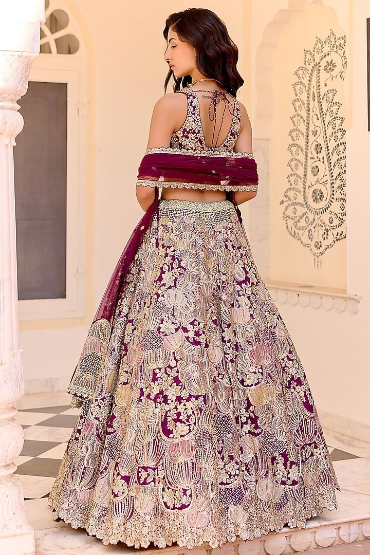 Dark Plum Mulberry Silk Applique Embroidered Bridal Lehenga Set by Osaa By Adarsh at Pernia's Pop Up Shop