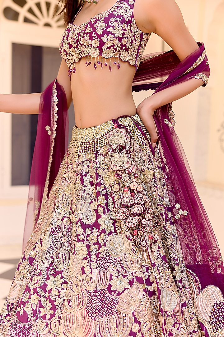 Dark Plum Mulberry Silk Applique Embroidered Bridal Lehenga Set by Osaa By Adarsh at Pernia's Pop Up Shop