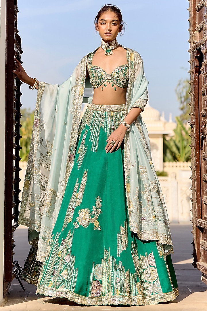 Jewel Green Organza Thread Embroidered Bridal Lehenga Set by Osaa By Adarsh at Pernia's Pop Up Shop