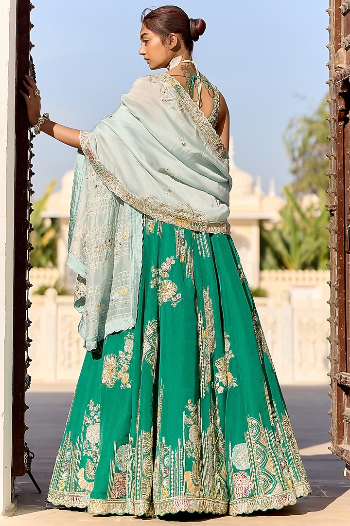 Jewel Green Organza Thread Embroidered Bridal Lehenga Set by Osaa By Adarsh at Pernia's Pop Up Shop