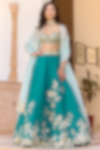 Pine Green Organza Aari Embroidered Bridal Lehenga Set by Osaa By Adarsh at Pernia's Pop Up Shop