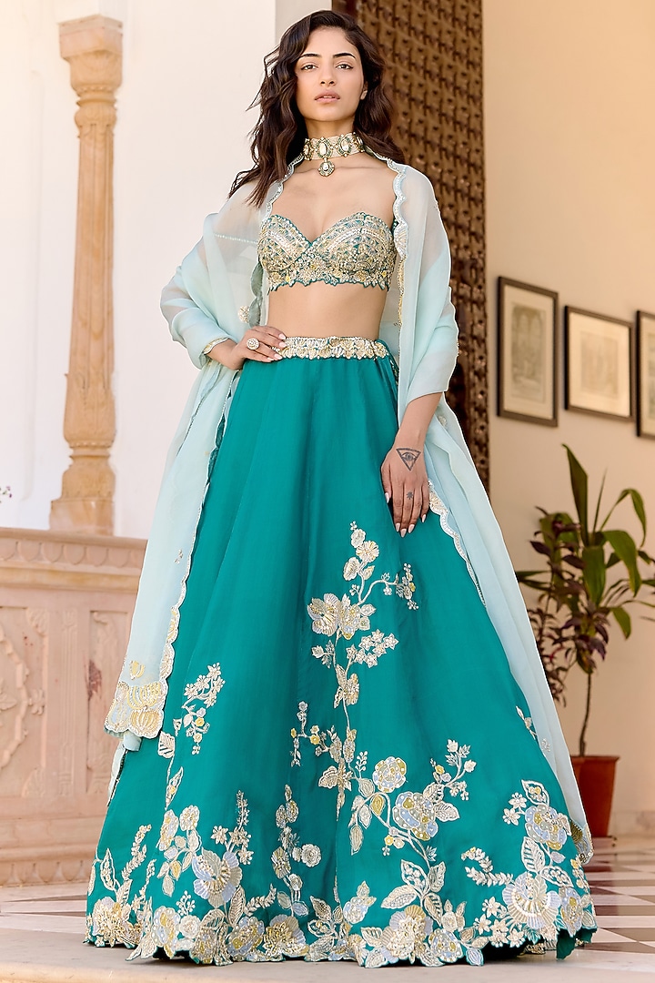 Pine Green Organza Aari Embroidered Bridal Lehenga Set by Osaa By Adarsh at Pernia's Pop Up Shop