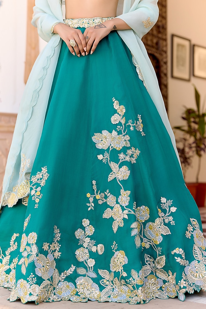 Pine Green Organza Aari Embroidered Bridal Lehenga Set by Osaa By Adarsh at Pernia's Pop Up Shop