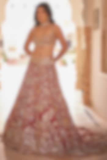 Cut Ruby Colored Organza Thread Embroidered Trail Bridal Lehenga Set by Osaa By Adarsh at Pernia's Pop Up Shop