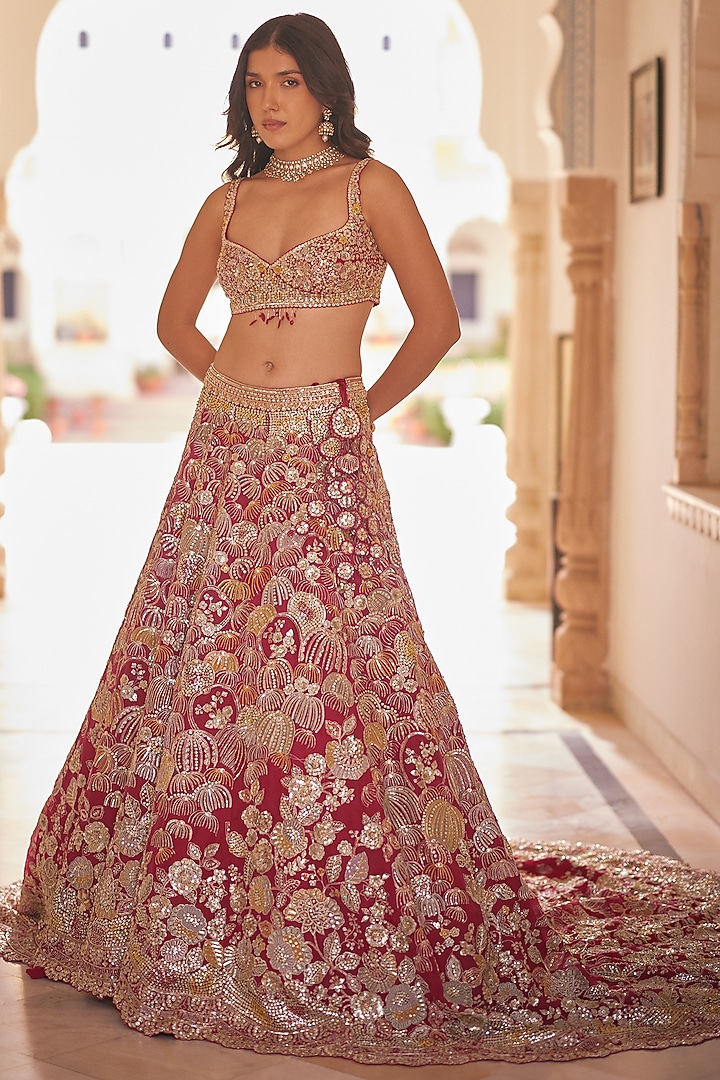 Cut Ruby Colored Organza Thread Embroidered Trail Bridal Lehenga Set by Osaa By Adarsh at Pernia's Pop Up Shop