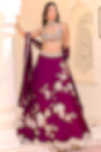 Dark Plum Satin Silk Aari Embroidered Bridal Lehenga Set by Osaa By Adarsh at Pernia's Pop Up Shop