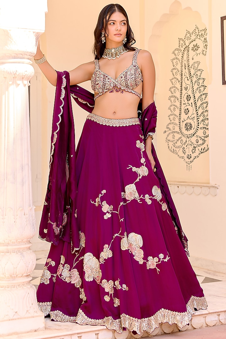 Dark Plum Satin Silk Aari Embroidered Bridal Lehenga Set by Osaa By Adarsh at Pernia's Pop Up Shop