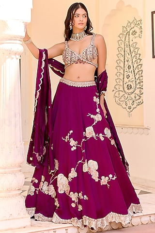 Dark Plum Satin Silk Aari Embroidered Lehenga Set by Osaa By Adarsh