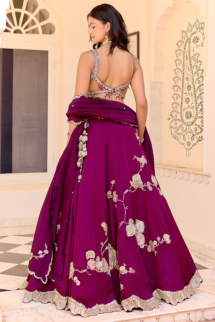 Dark Plum Satin Silk Aari Embroidered Bridal Lehenga Set by Osaa By Adarsh at Pernia's Pop Up Shop