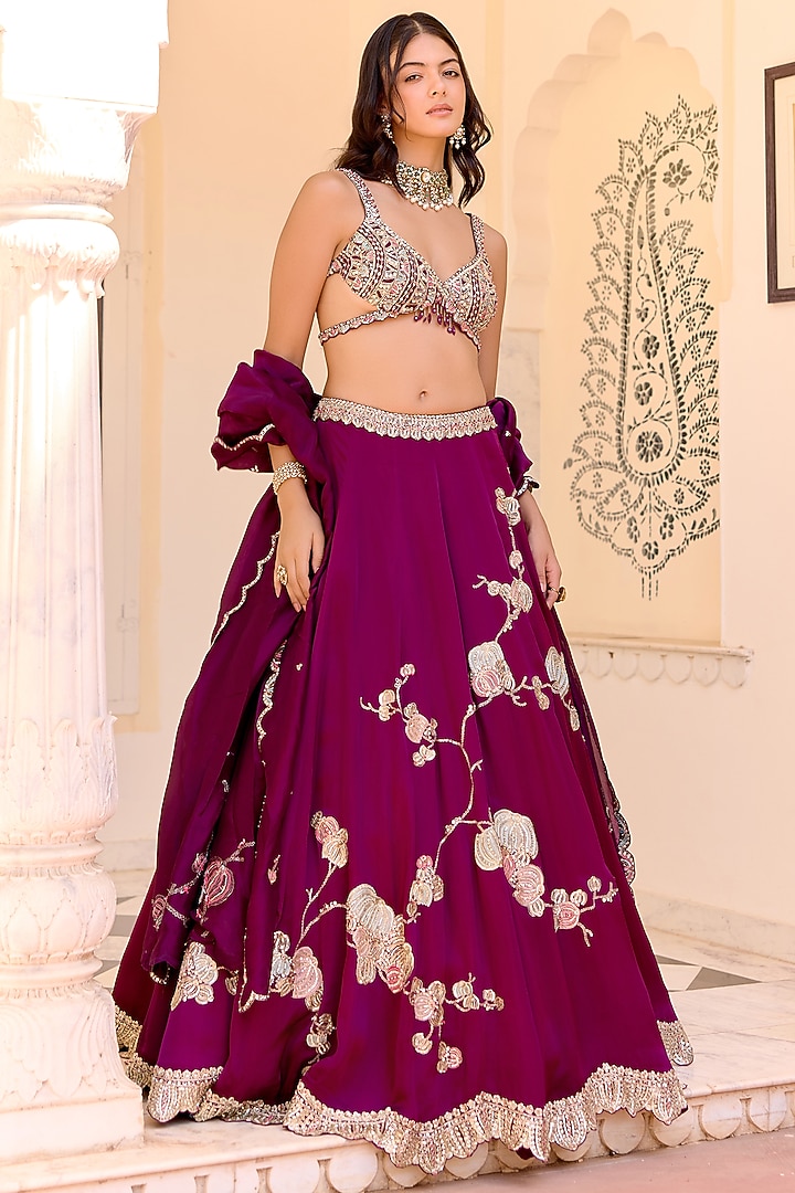 Dark Plum Satin Silk Aari Embroidered Bridal Lehenga Set by Osaa By Adarsh at Pernia's Pop Up Shop