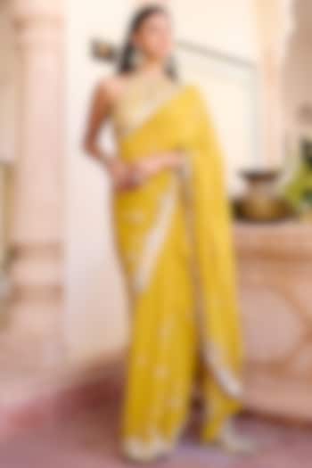 Canary Yellow Georgette Aari Embroidered Reception Saree Set by Osaa By Adarsh at Pernia's Pop Up Shop