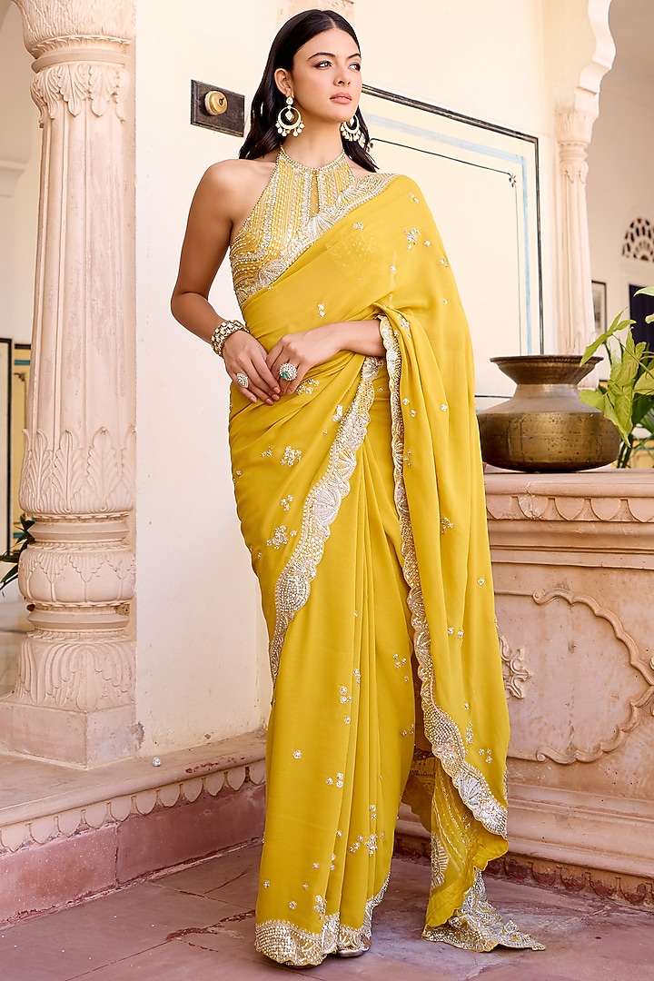 Canary Yellow Georgette Aari Embroidered Reception Saree Set by Osaa By Adarsh at Pernia's Pop Up Shop