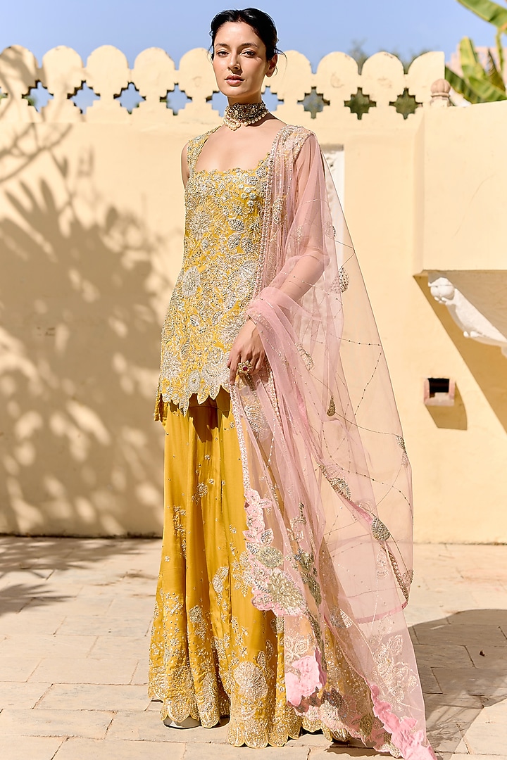 Canary Yellow Organza Aari Embroidered Bridal Sharara Set by Osaa By Adarsh at Pernia's Pop Up Shop