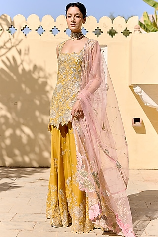 Canary Yellow Organza Aari Embroidered Sharara Set by Osaa By Adarsh