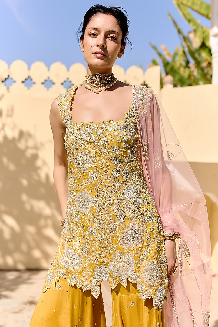 Canary Yellow Organza Aari Embroidered Bridal Sharara Set by Osaa By Adarsh at Pernia's Pop Up Shop