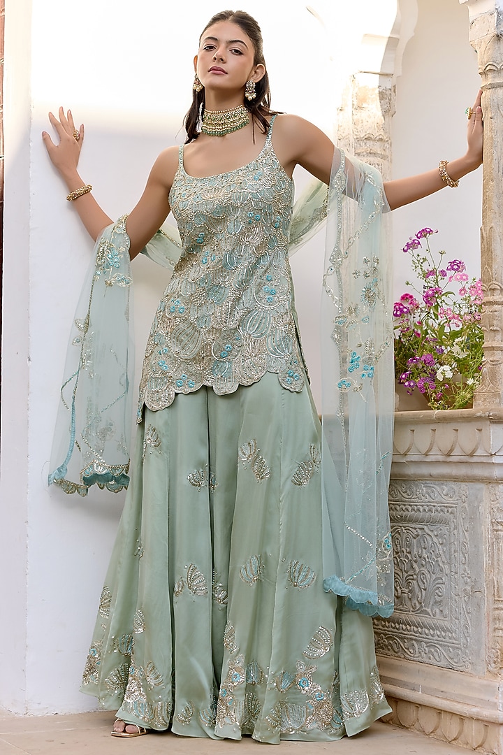 Sage Green Satin Silk Aari Embroidered Bridal Sharara Set by Osaa By Adarsh at Pernia's Pop Up Shop