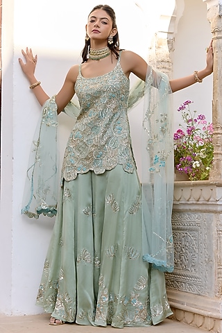 Sage Green Satin Silk Aari Embroidered Sharara Set by Osaa By Adarsh