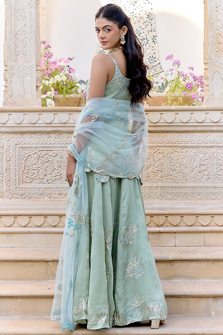 Sage Green Satin Silk Aari Embroidered Bridal Sharara Set by Osaa By Adarsh at Pernia's Pop Up Shop