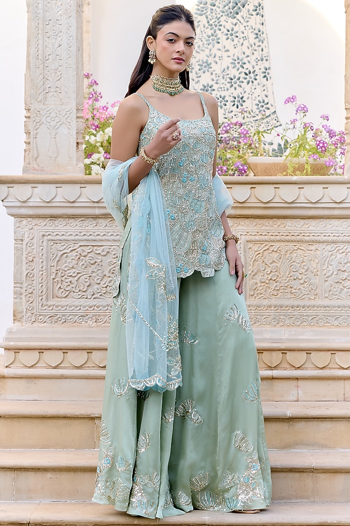 Sage Green Satin Silk Aari Embroidered Bridal Sharara Set by Osaa By Adarsh at Pernia's Pop Up Shop