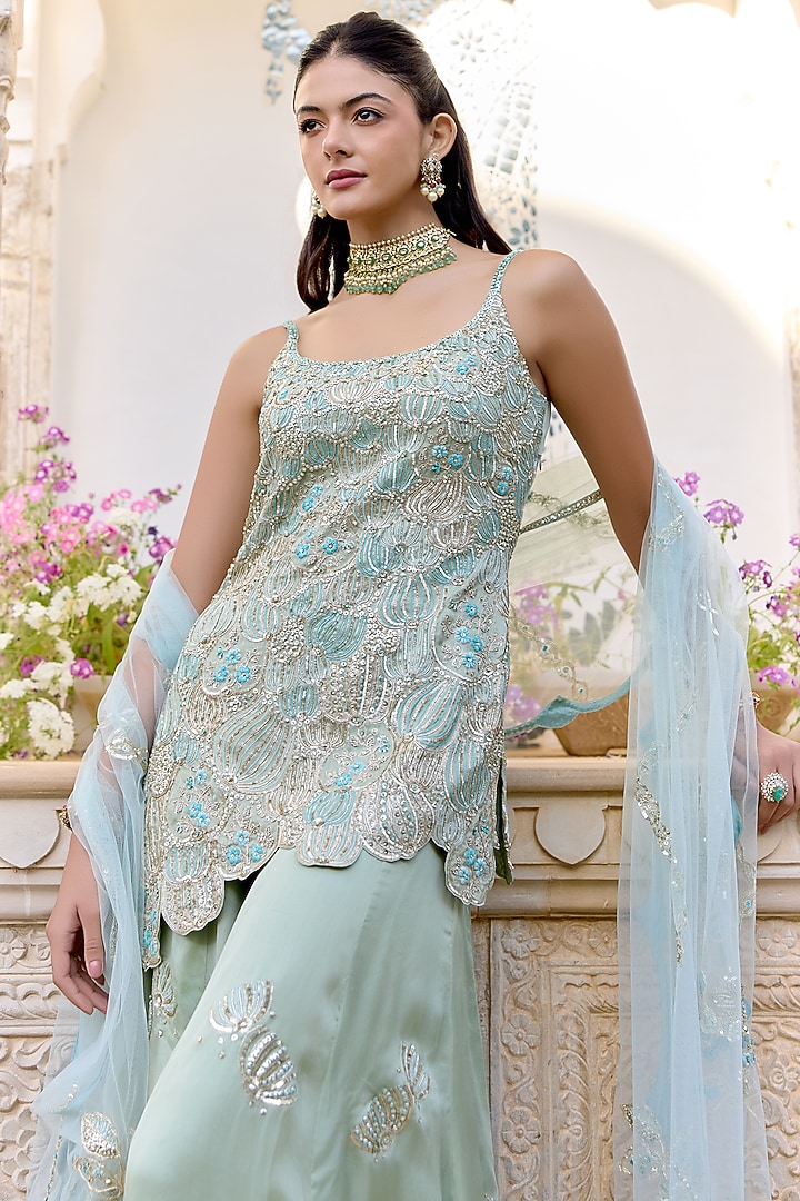 Sage Green Satin Silk Aari Embroidered Bridal Sharara Set by Osaa By Adarsh at Pernia's Pop Up Shop