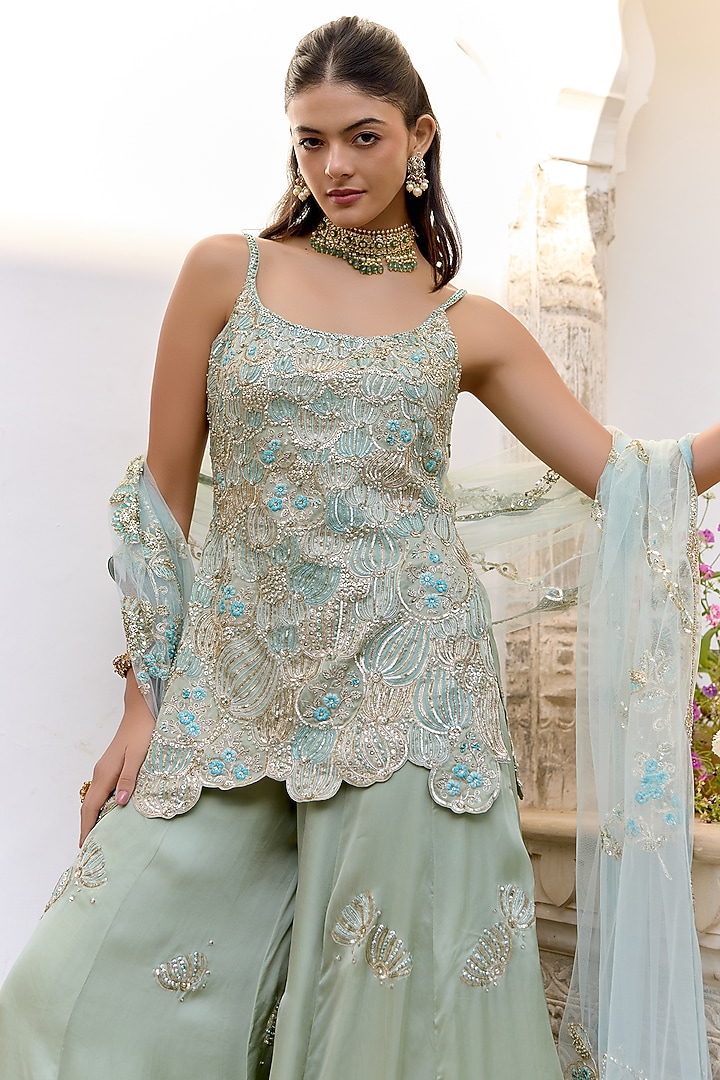 Sage Green Satin Silk Aari Embroidered Bridal Sharara Set by Osaa By Adarsh at Pernia's Pop Up Shop