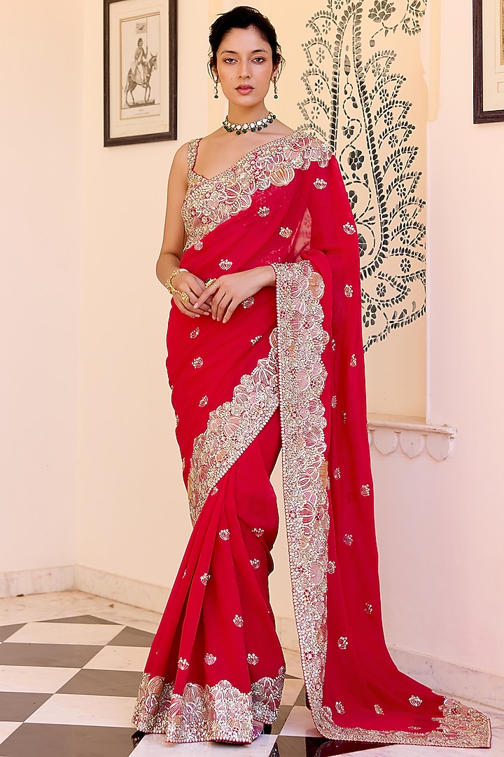 Red Georgette Aari Embroidered Reception Saree Set by Osaa By Adarsh at Pernia's Pop Up Shop