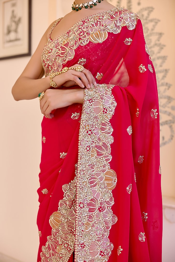 Red Georgette Aari Embroidered Reception Saree Set by Osaa By Adarsh at Pernia's Pop Up Shop