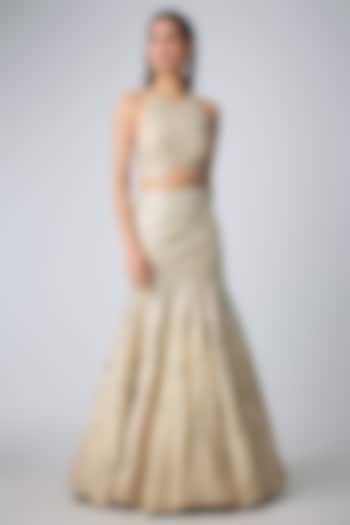 Frost Champagne Tissue Silk Zardosi Handcrafted Fish-Cut Bridal Lehenga Set by OSAA By Adarsh at Pernia's Pop Up Shop