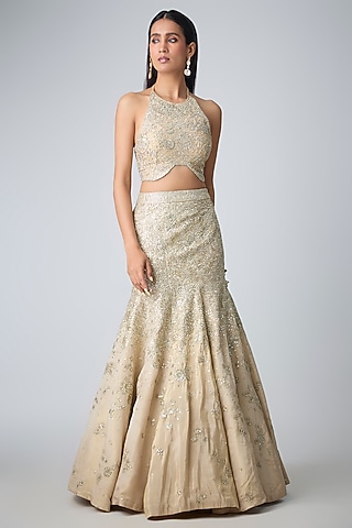 Frost Champagne Tissue Silk Zardosi Handcrafted Fish-Cut Lehenga Set by OSAA By Adarsh