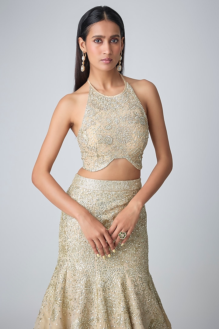 Frost Champagne Tissue Silk Zardosi Handcrafted Fish-Cut Bridal Lehenga Set by OSAA By Adarsh at Pernia's Pop Up Shop