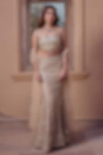 Beige Champagne Tulle Zardosi Embroidered Bridal Bridal Lehenga Set by Osaa By Adarsh at Pernia's Pop Up Shop