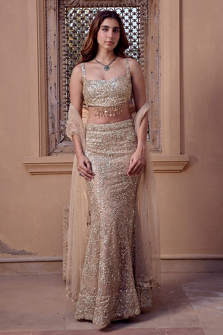 Beige Champagne Tulle Zardosi Embroidered Bridal Bridal Lehenga Set by Osaa By Adarsh at Pernia's Pop Up Shop