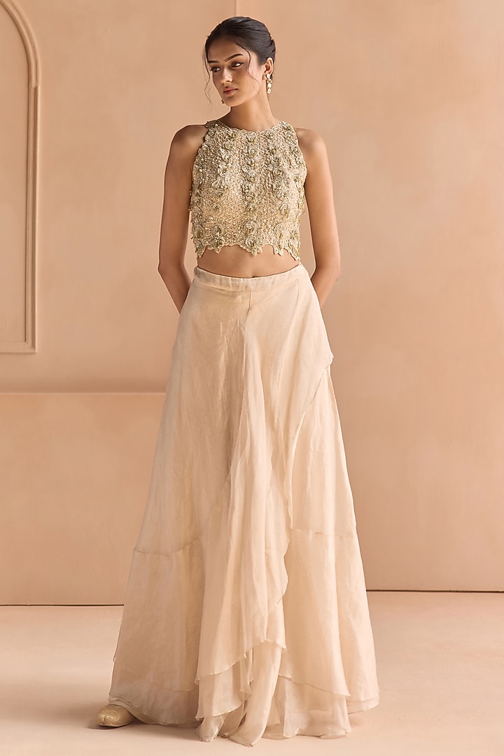 Champagne Tissue Organza Zardosi Embroidered Skirt Set by Osaa By Adarsh at Pernia's Pop Up Shop
