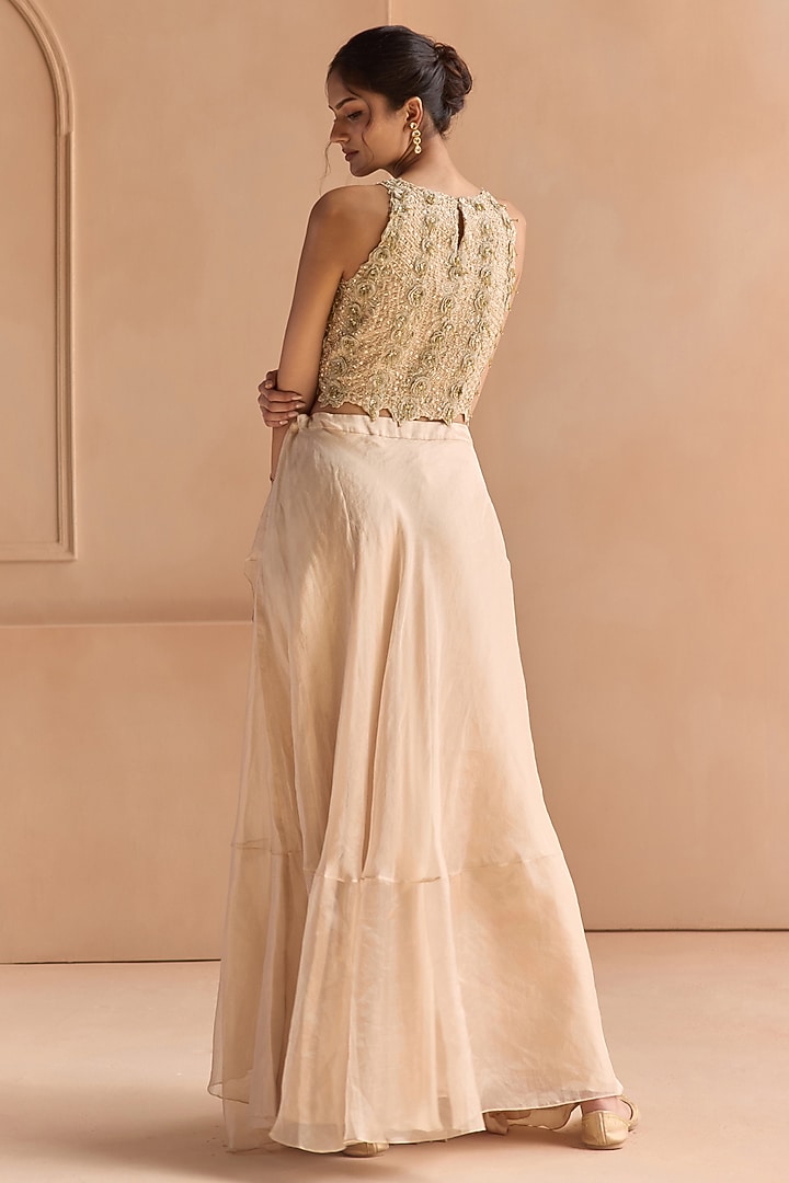 Champagne Tissue Organza Zardosi Embroidered Skirt Set by Osaa By Adarsh at Pernia's Pop Up Shop