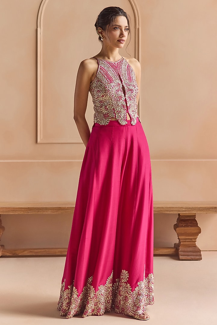 Scarlet Pink Mulberry Silk Zardosi & Aari Embroidered Gharara Set by Osaa By Adarsh at Pernia's Pop Up Shop