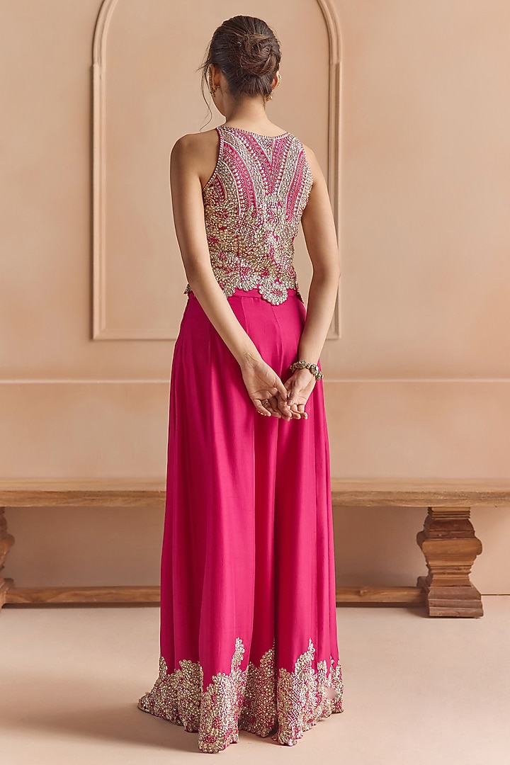 Scarlet Pink Mulberry Silk Zardosi & Aari Embroidered Gharara Set by Osaa By Adarsh at Pernia's Pop Up Shop