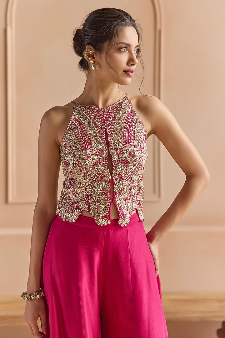 Scarlet Pink Mulberry Silk Zardosi & Aari Embroidered Gharara Set by Osaa By Adarsh at Pernia's Pop Up Shop