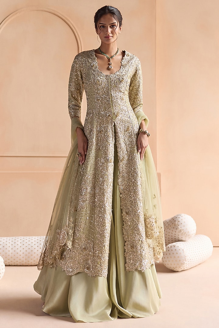 Sage Green Tissue Silk Zardosi & 3D Floral Embroidered Jacket Set by Osaa By Adarsh at Pernia's Pop Up Shop
