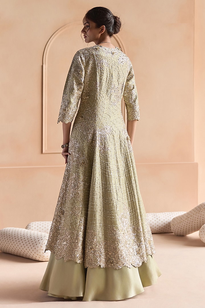 Sage Green Tissue Silk Zardosi & 3D Floral Embroidered Jacket Set by Osaa By Adarsh at Pernia's Pop Up Shop