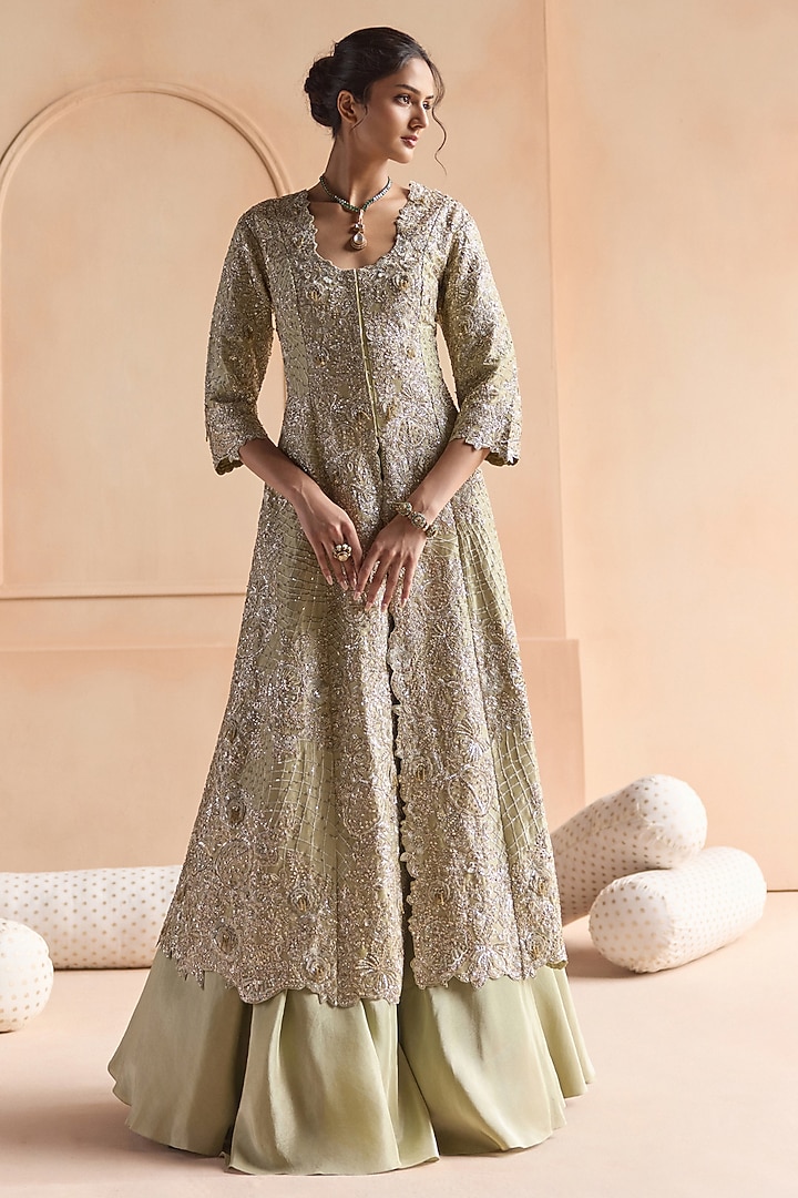 Sage Green Tissue Silk Zardosi & 3D Floral Embroidered Jacket Set by Osaa By Adarsh at Pernia's Pop Up Shop
