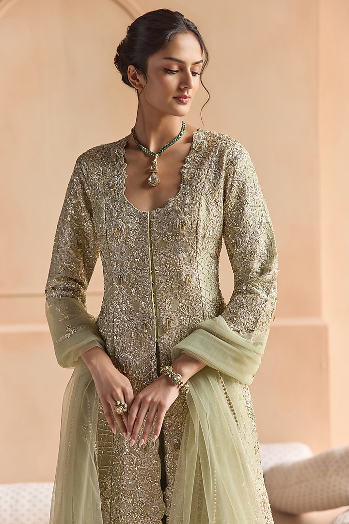 Sage Green Tissue Silk Zardosi & 3D Floral Embroidered Jacket Set by Osaa By Adarsh at Pernia's Pop Up Shop