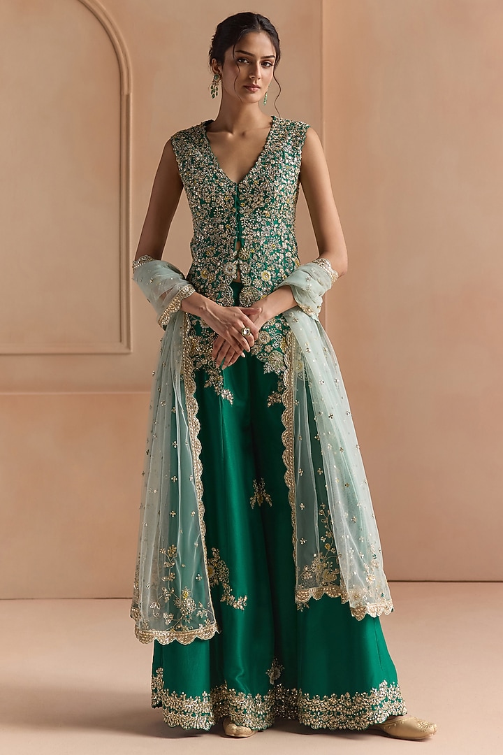 Jewel Green Mulberry Silk Aari Embroidered Gharara Set by Osaa By Adarsh at Pernia's Pop Up Shop
