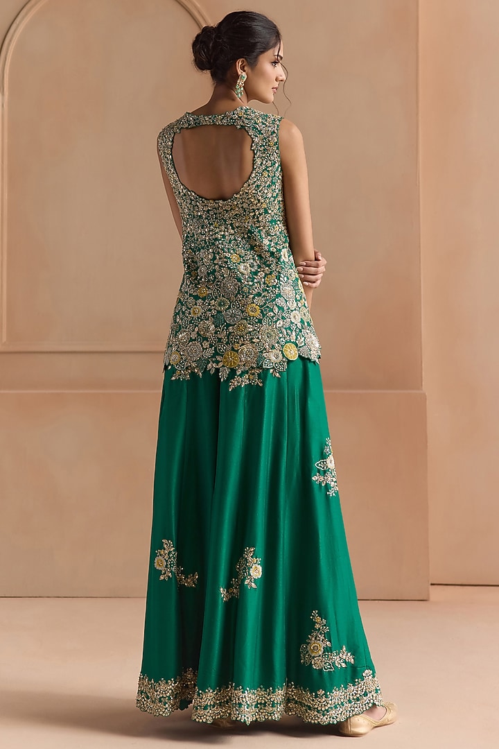 Jewel Green Mulberry Silk Aari Embroidered Gharara Set by Osaa By Adarsh at Pernia's Pop Up Shop
