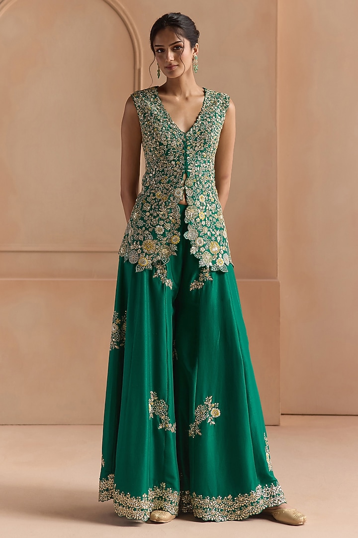 Jewel Green Mulberry Silk Aari Embroidered Gharara Set by Osaa By Adarsh at Pernia's Pop Up Shop